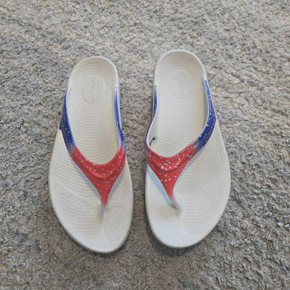 Oofos OOlala Sandals Women's Size 10 USA Thong Limited Release Red White Blue